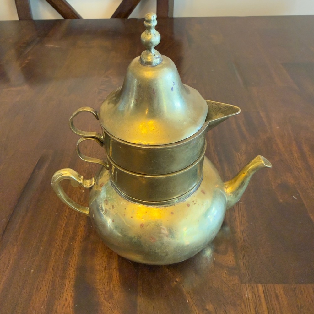 Vintage Brass Stacking Tea Set 4 Piece Teapot Creamer Sugar Bell Lid India Style